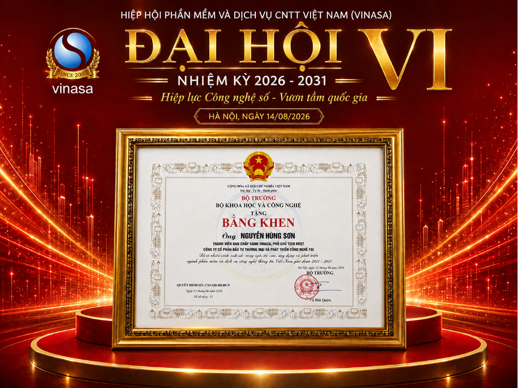 Bằng khen cho những cống hiến của ông Nguyễn Hùng Sơn cho VINASA và cộng đồng Công nghệ.