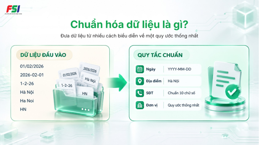 Chuẩn hóa dữ liệu là quá trình đưa dữ liệu nhiều định dạng về một quy ước thống nhất